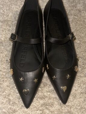 Karl Lagerfeld Black Pointed Mary Jane Flats with Gold Stud Accents